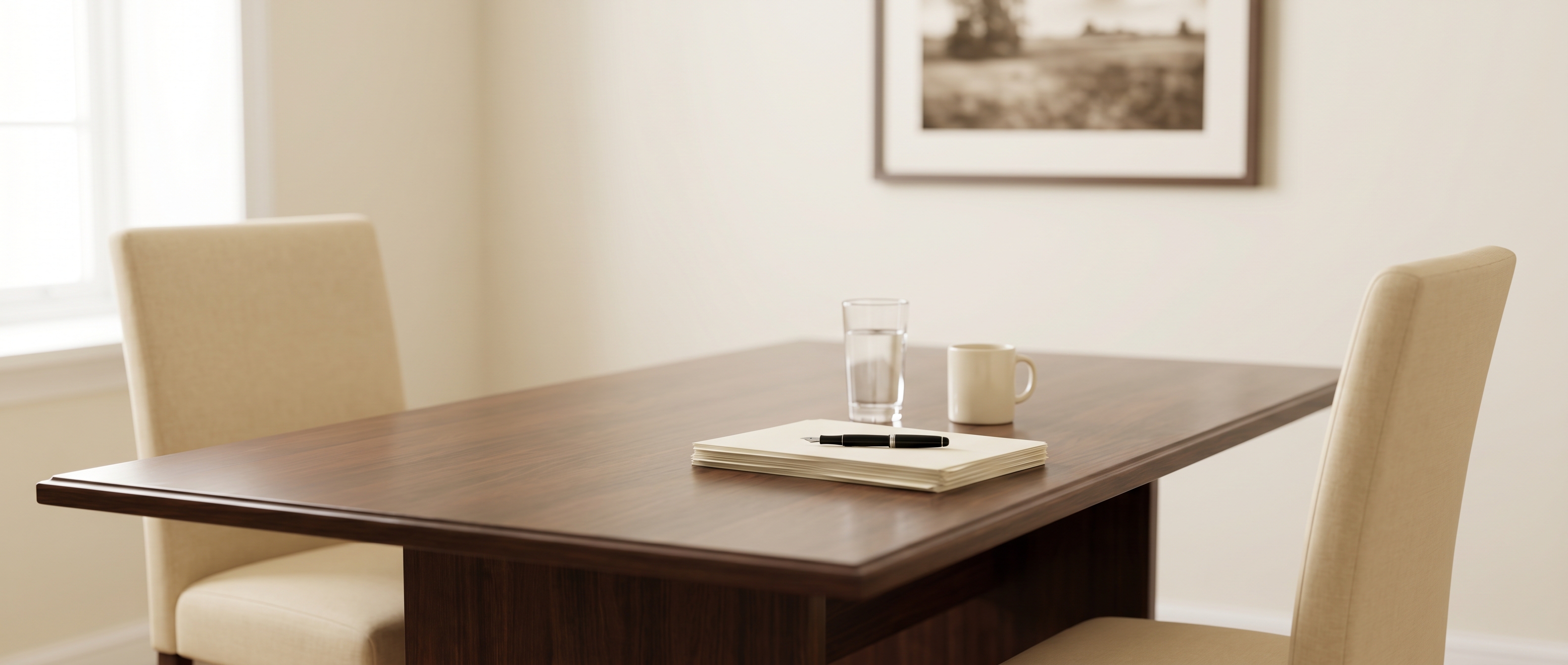A walnut conference table set with paperwork and a fountain pen in the Bennett pre-planning office